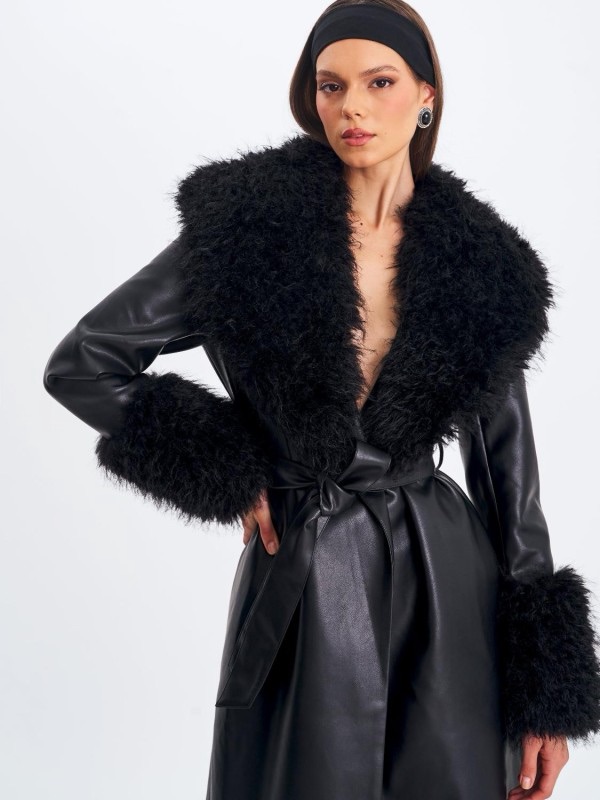 Zariah Black Faux Fur Trimmed Longline Coat